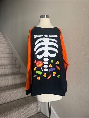 Celebrate Halloween Az 3X Orange & Black Skeleton Candy Long Sleeve Top